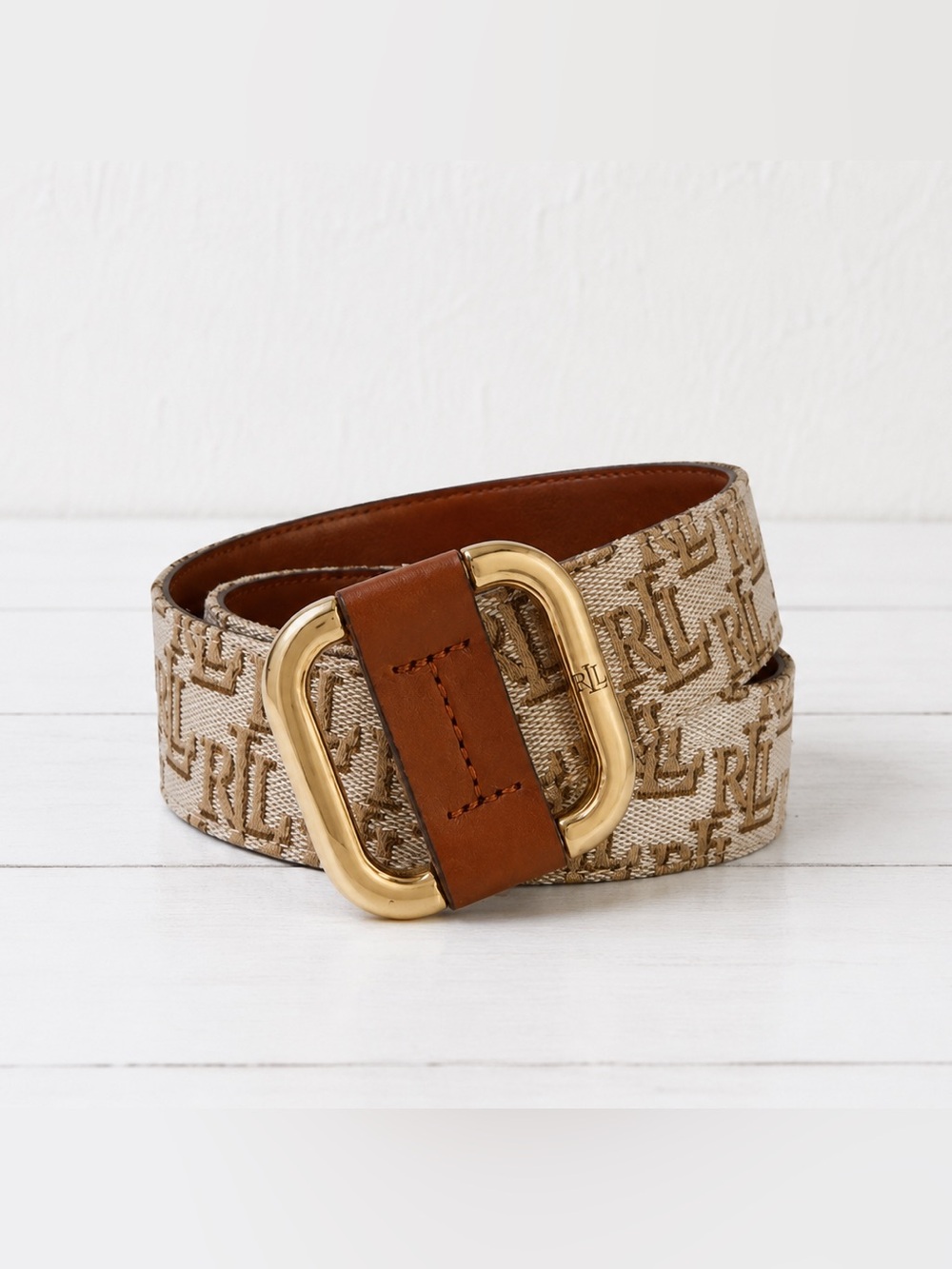 Ralph Lauren RL Brown Leather And Neutral Canvas Monogram Belt Gold Buckle
